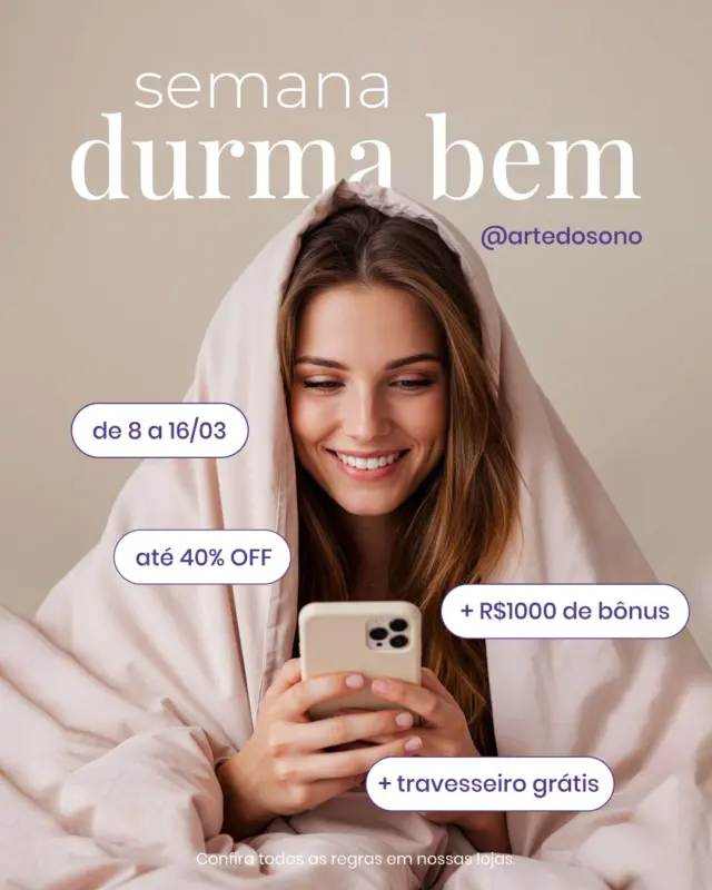 A Semana Durma Bem 💤  já começou na Arte do Sono! 🤗 Para deixar suas noites ainda mais incríveis, preparamos uma oferta especial: até 40% OFF em TODOS os colchões + BÔNUS de até R$1000 na troca do seu usado (de qualquer marca)! 🔥

E tem mais: comprou o colchão, ganhou o travesseiro de presente! 💜😴

Mas atenção, é por tempo limitado! 📅 De 8 a 16 de março, não perca essa chance de transformar seu sono. Corre para a Arte do Sono e encontre o colchão dos seus sonhos!

#SemanaDurmaBem #ArteDoSono #DescontoImperdível #TravesseiroGratis