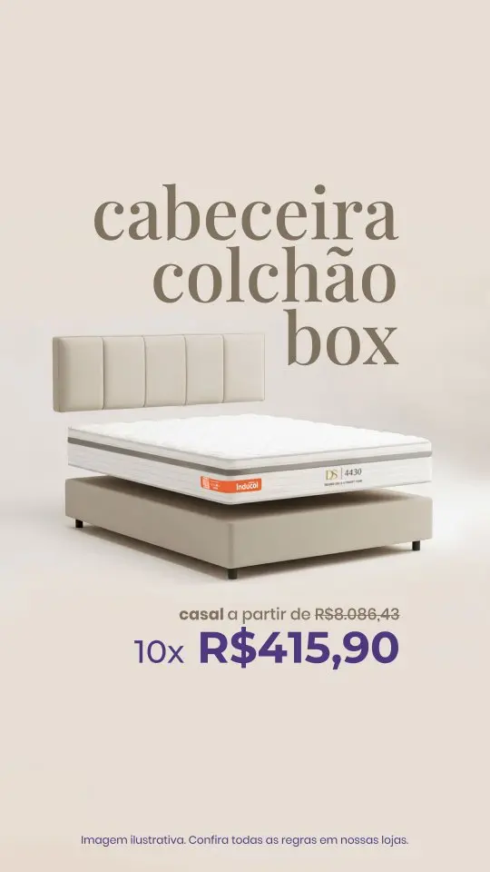 Cabeceira + colchão + box no tamanho casal a partir de 10x R$415,90.

⏰ Só até 30/05!
É a reta final da Quinzena de Cabeceiras. Aproveite para montar a cama dos seus sonhos com condições imperdíveis:

✅ 35% OFF nas cabeceiras
✅ 40% OFF em colchões + Box Grátis
✅ 10x sem juros ou +5% no Pix

Não deixe para depois! Corre pra loja @artedosono mais próxima!