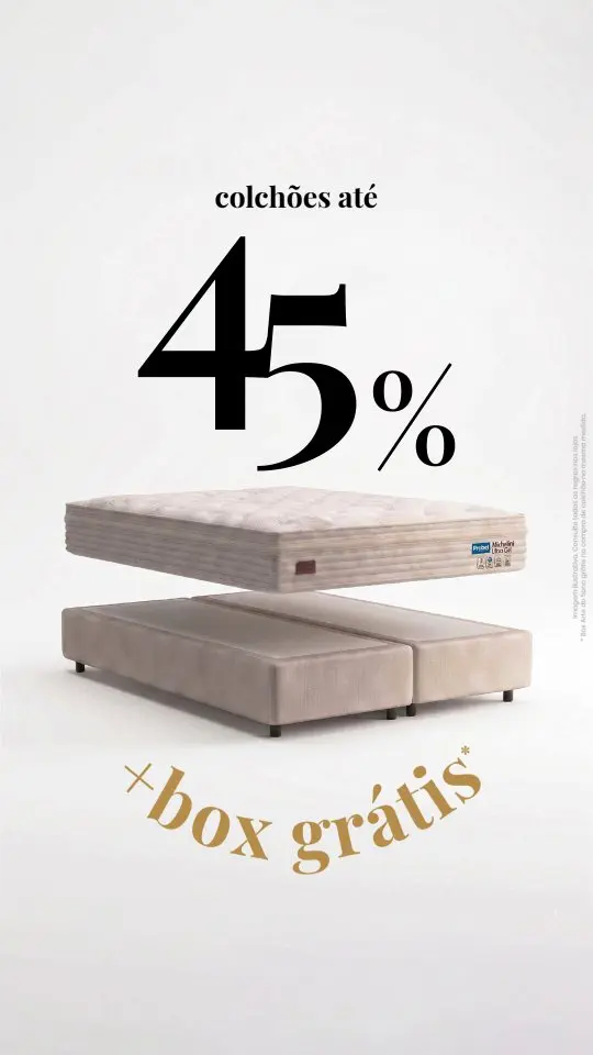 O seu descanso merece o melhor ✨
Colchões com tecnologia e conforto premium, agora com condições especiais 👉 até 45% OFF + Box GRÁTIS 🤗💜

Uma oportunidade única para transformar suas noites com o padrão Arte do Sono.

Promoção válida até 14/06/26 ou enquanto durar o estoque. Consulte todas as regras em nossas lojas.